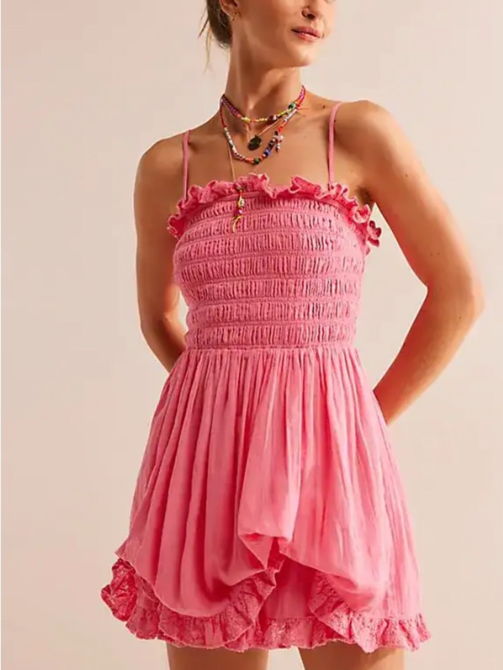 Free People Pink Smocked Ruffle Strap Mini Dress